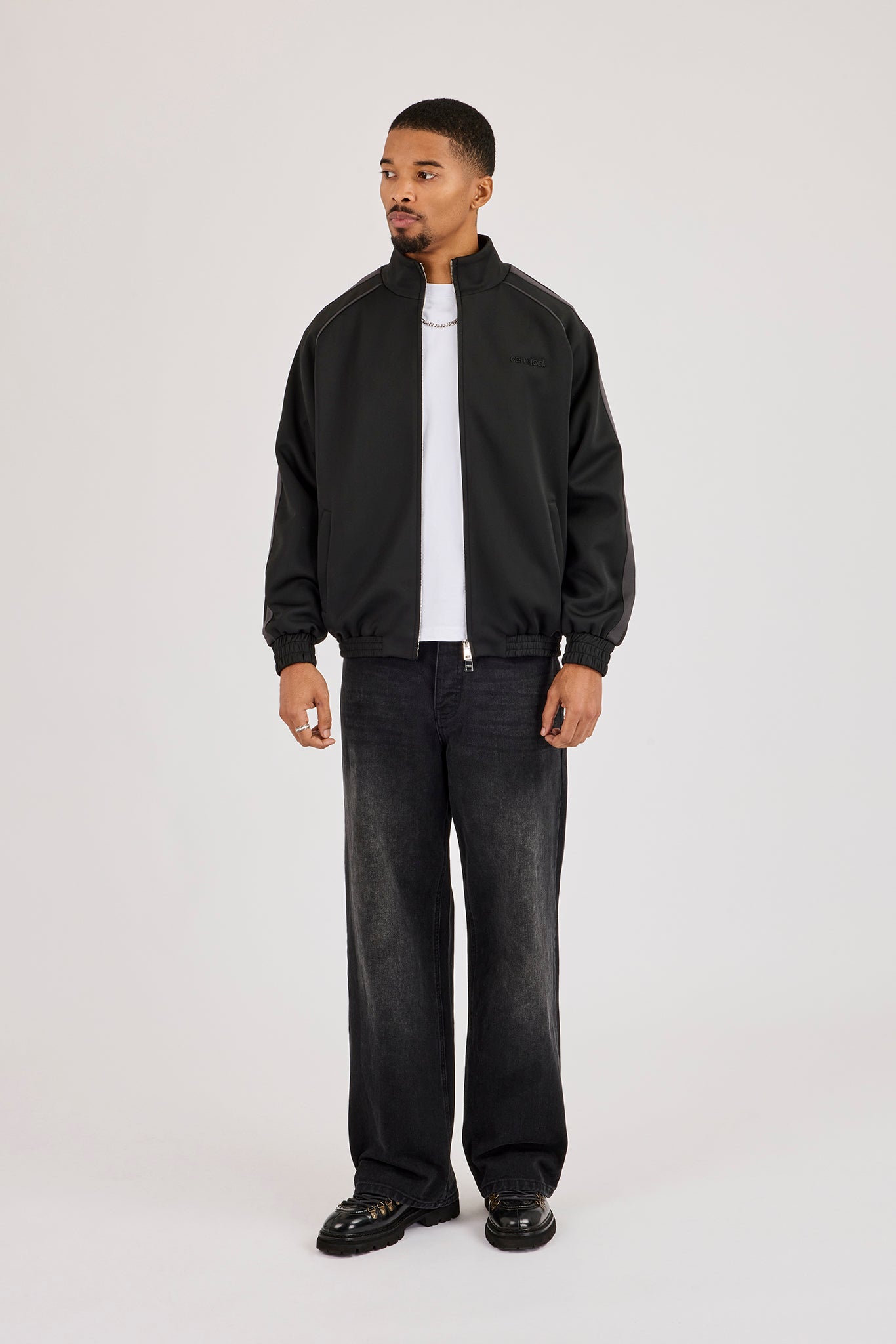 Funnel Neck Tape Detail Track Jacket & Relaxed Trouser – Black